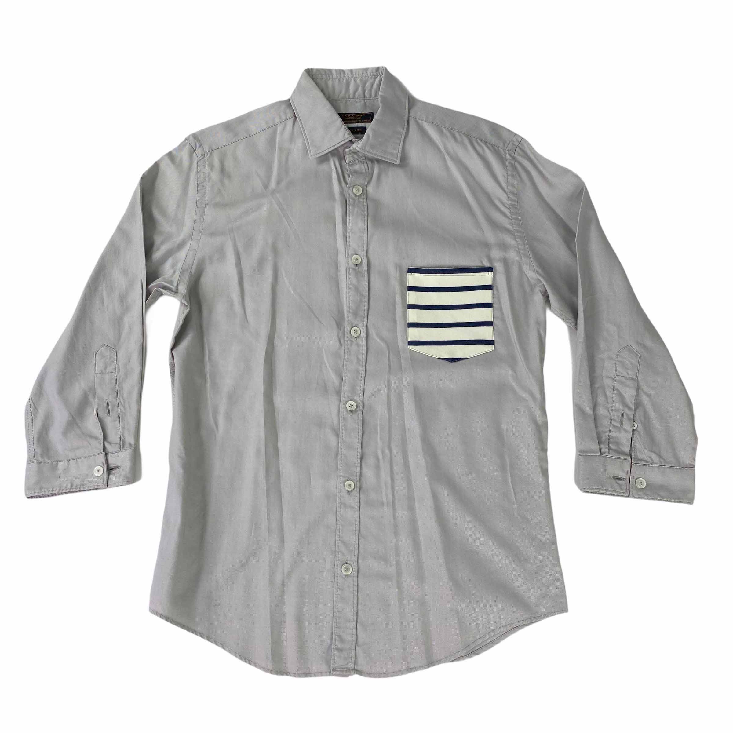 [Zara] Asian Fit Stripe Pocket Grey Shirt - Size S