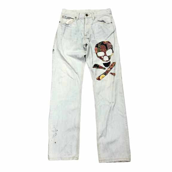 [Japanese Vintage] Skull Embroidered Light Washed Straight Jean - Size M